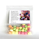 Dr. Foshay Premium Quality Approximately 1 handful of Mini-marshmallows-fun fruit flavors Orange, lemon, strawberry, and lime flavored Gluten free, fat free Wheat, peanut, egg, dairy, tree nut and soy allergen free Natural and artificially flavored Custom crafted label 3-1/3” x 4” in a 5” x 7” bag Free shipping!